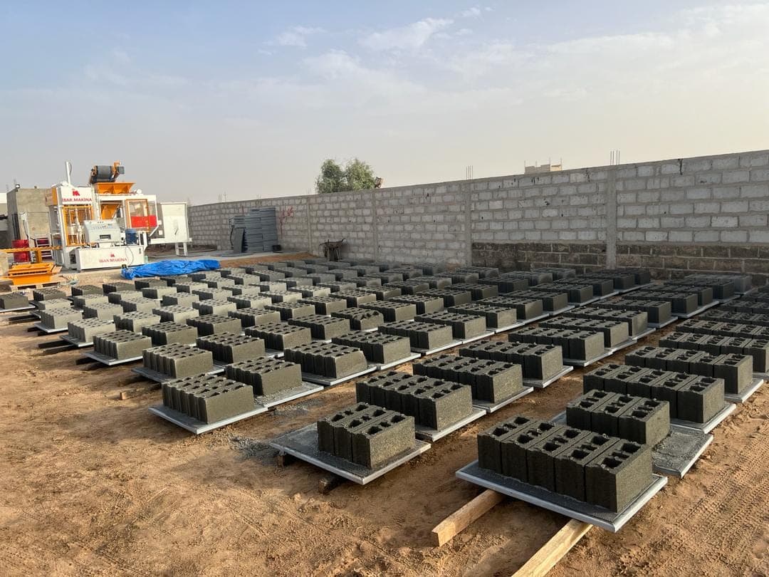 Curing yard with rows of pallets of fresh products on timber battens, BLOCKMASTER 4 in the background, Senegal